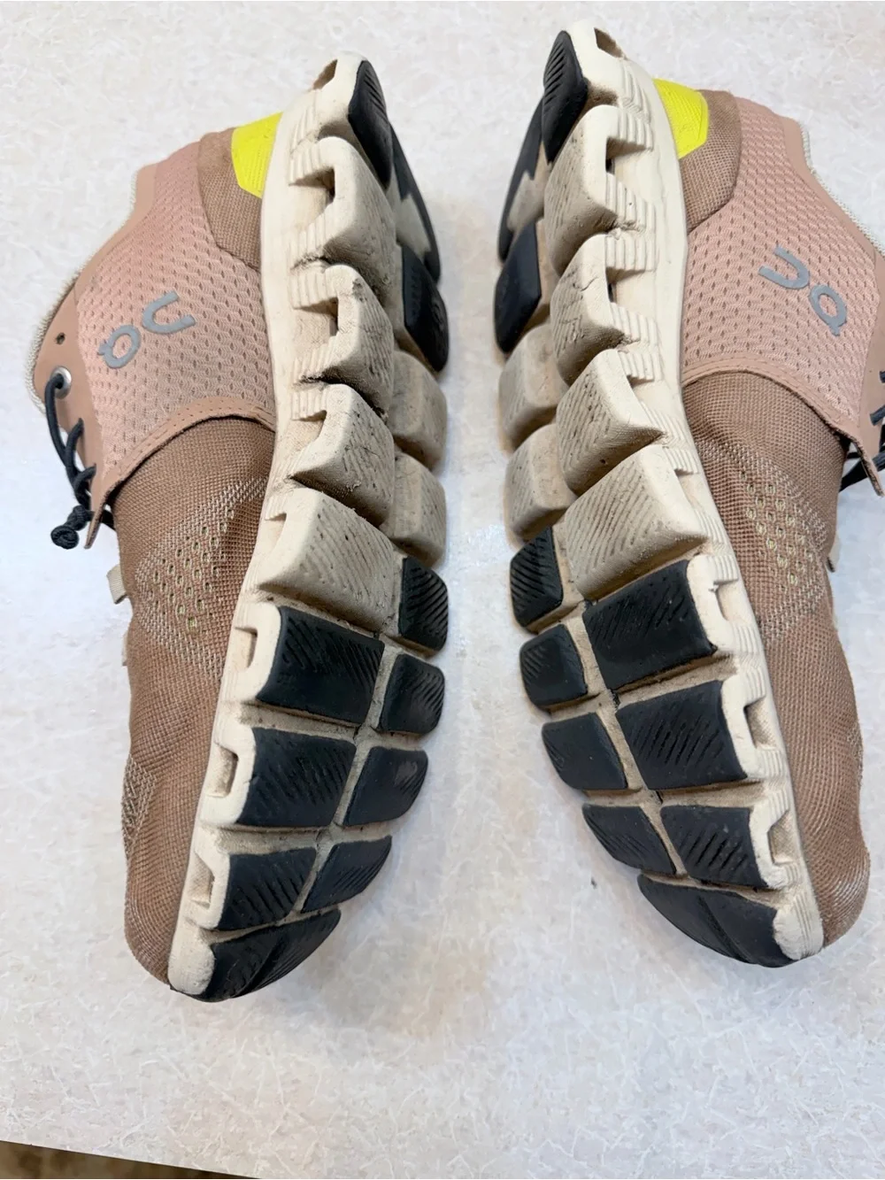 On Running Tan Mesh Athletic Shoes with Yellow Accents